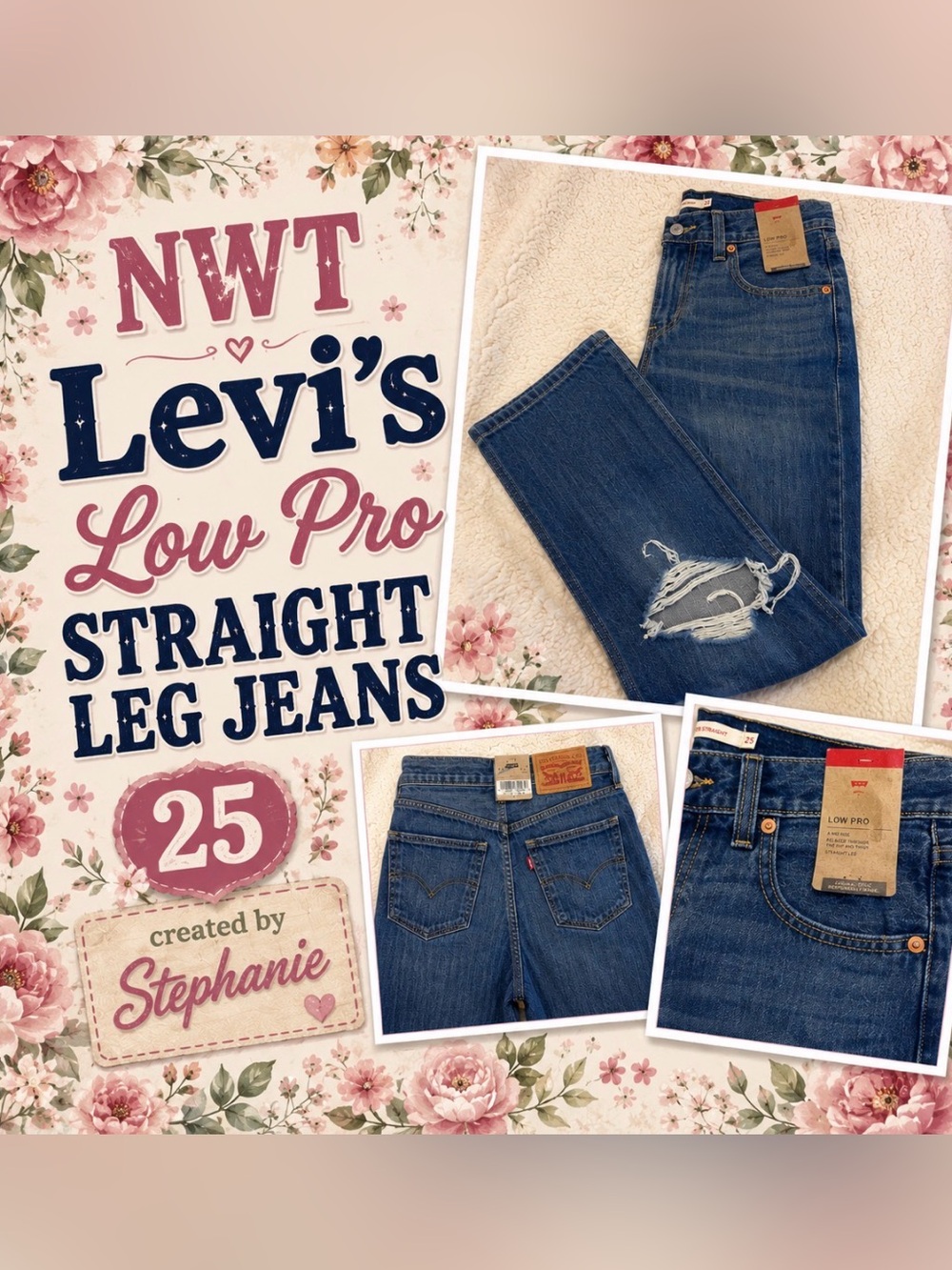 NWT Levi's Women's Low Pro Straight Leg Jeans 25x30 Dark Blue  Distressed Knees